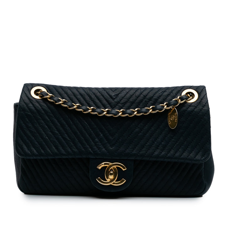Medium Chevron Wrinkled Calfskin Medallion Charm Flap Blue - Gaby Paris