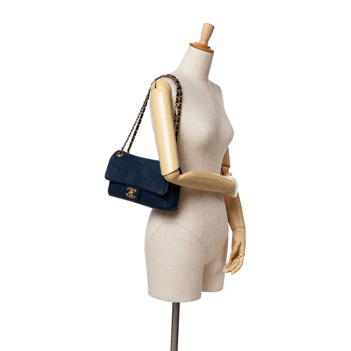 Medium Chevron Wrinkled Calfskin Medallion Charm Flap Blue - Gaby Paris