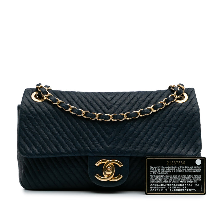 Medium Chevron Wrinkled Calfskin Medallion Charm Flap Blue - Gaby Paris