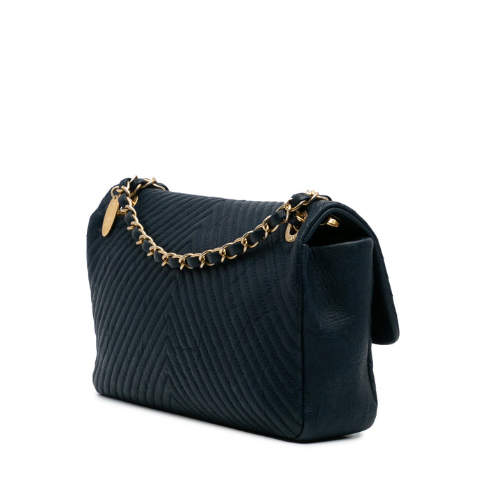 Medium Chevron Wrinkled Calfskin Medallion Charm Flap Blue - Gaby Paris
