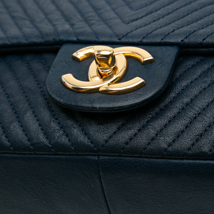 Medium Chevron Wrinkled Calfskin Medallion Charm Flap Blue - Gaby Paris