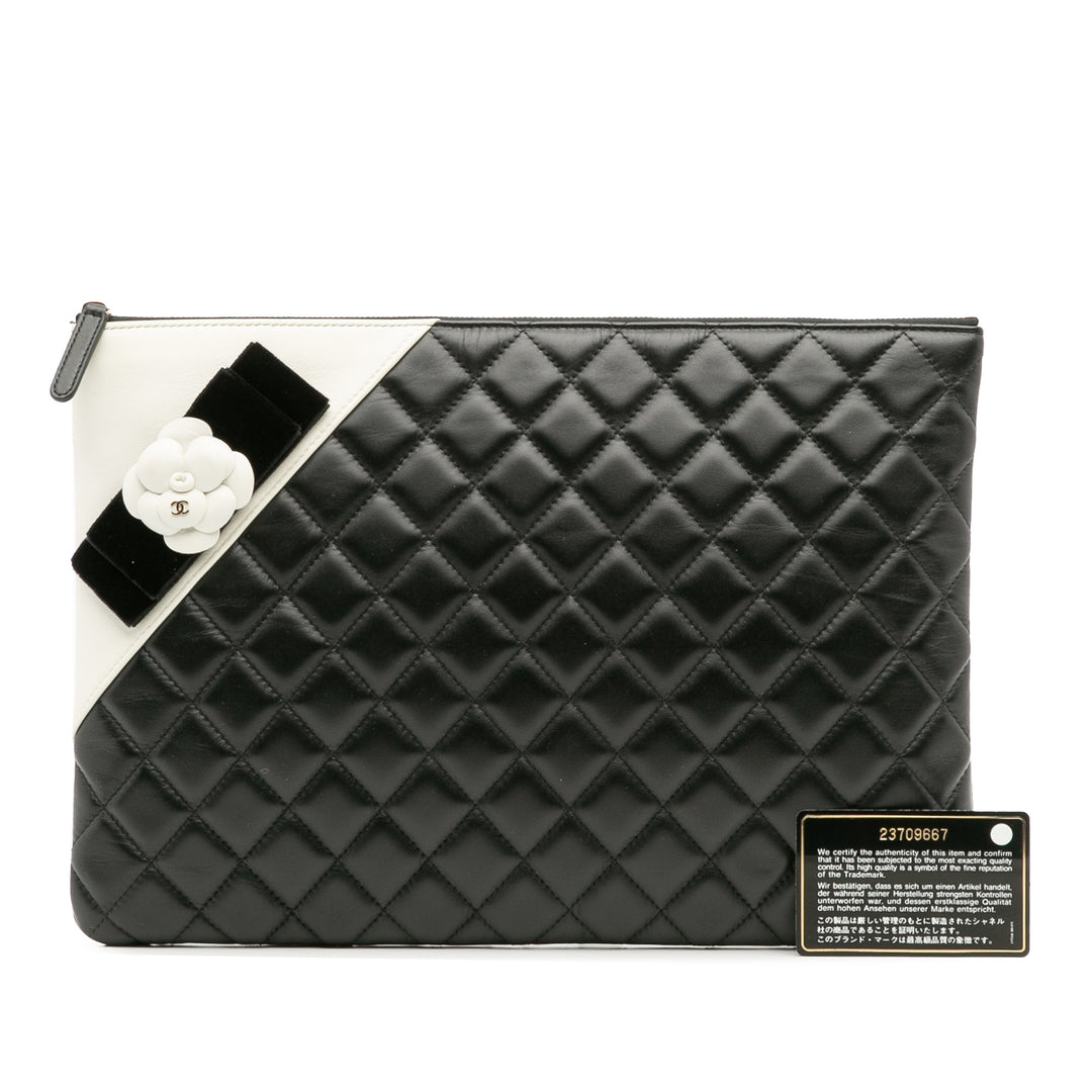 Large Quilted Lambskin Camellia O Case Clutch Black - Gaby Paris
