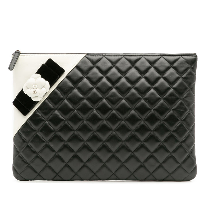 Large Quilted Lambskin Camellia O Case Clutch Black - Gaby Paris