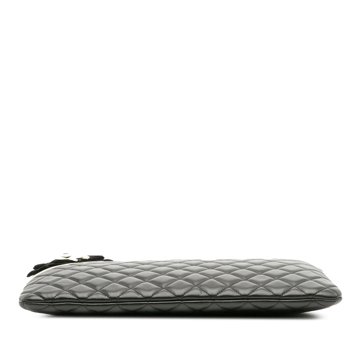 Large Quilted Lambskin Camellia O Case Clutch Black - Gaby Paris