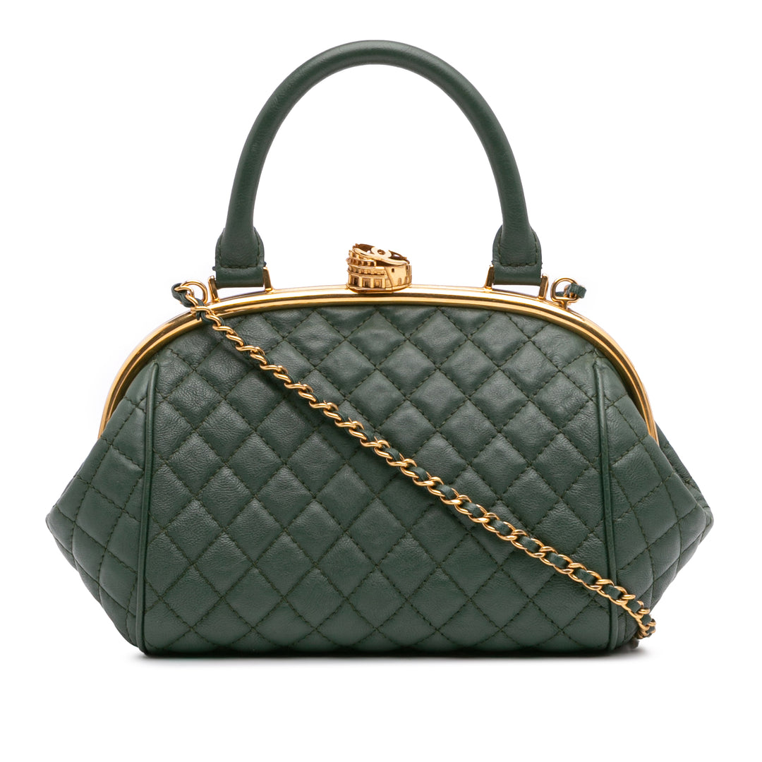 Small Quilted Calfskin Colosseum Lock Frame Bowling Bag Green - Gaby Paris