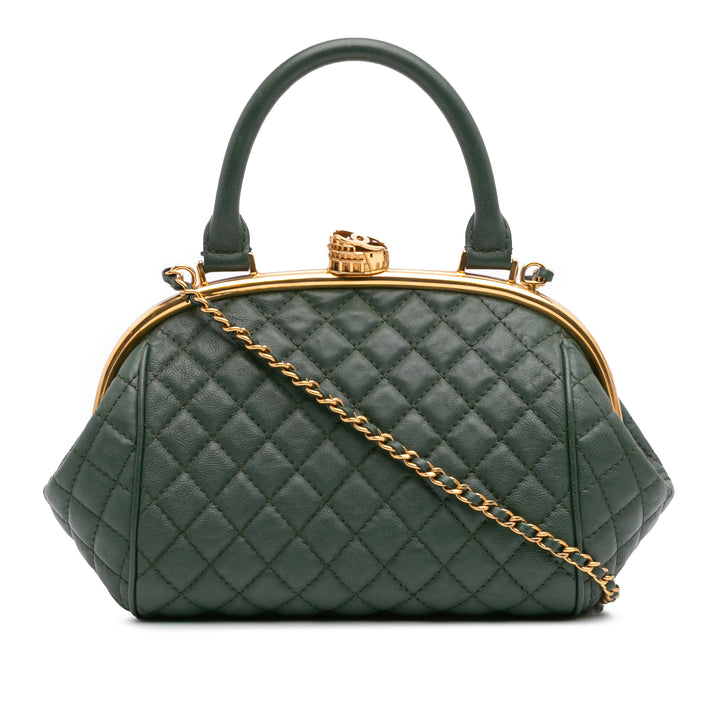 Small Quilted Calfskin Colosseum Lock Frame Bowling Bag Green - Gaby Paris