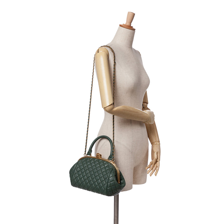 Small Quilted Calfskin Colosseum Lock Frame Bowling Bag Green - Gaby Paris