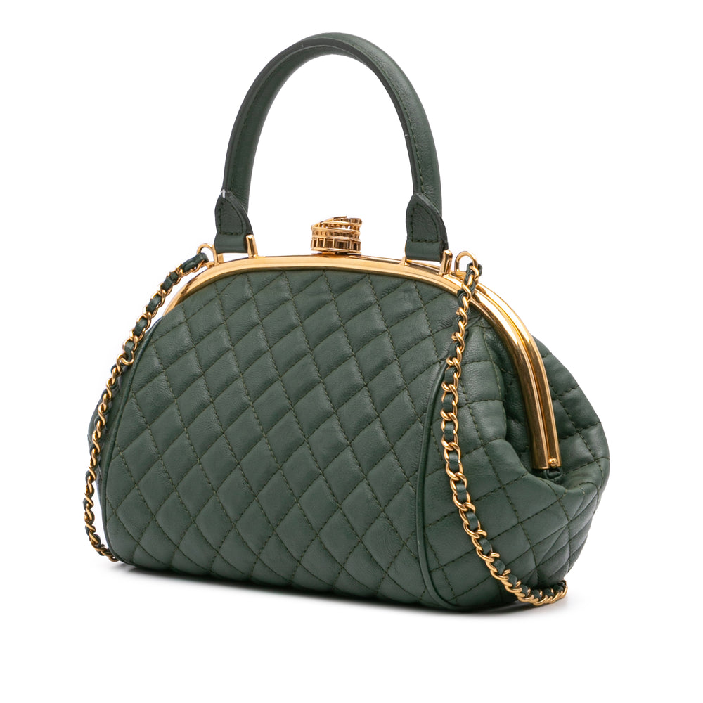 Small Quilted Calfskin Colosseum Lock Frame Bowling Bag Green - Gaby Paris