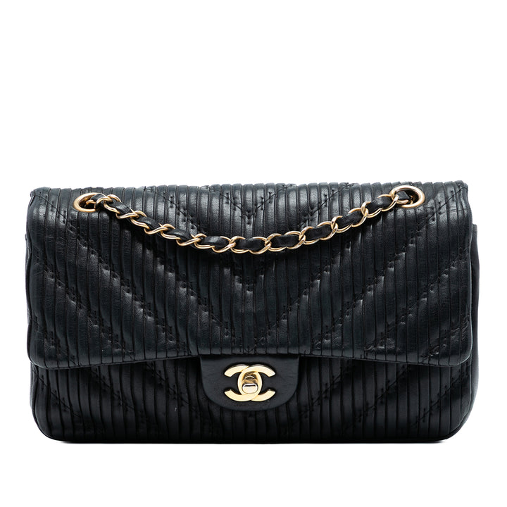 Chanel Medium Classic Chevron Cuir de veau Pleated Double rabat