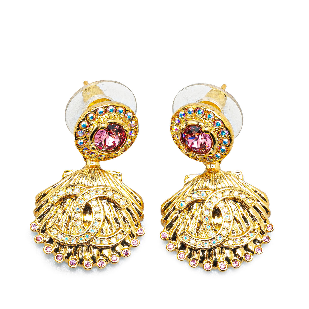 Gold Plated CC Rhinestone Shell Drop Earrings Gold - Gaby Paris