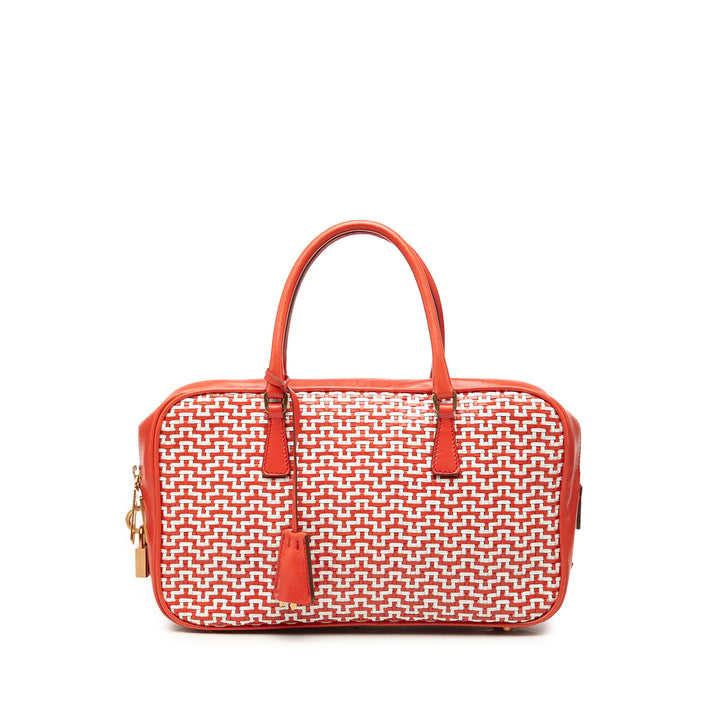 Prada Tissé Madras Bauletto Sac Cuir de chèvre Rouge – vue principale – GABY PARIS