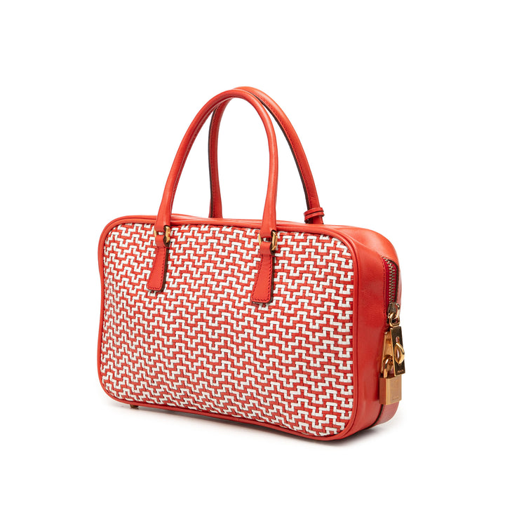 Prada Tissé Madras Bauletto Sac Cuir de chèvre Rouge – vue 2 – GABY PARIS