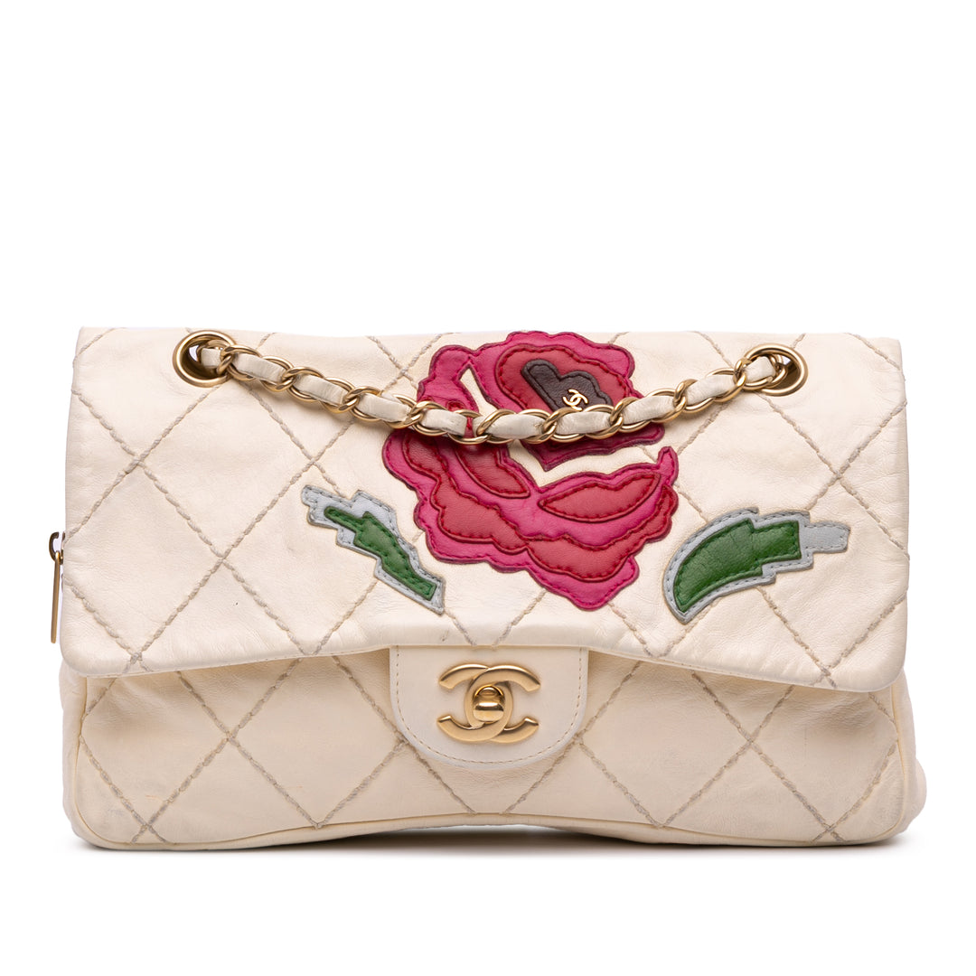 Medium Quilted Lambskin Rose Applique Wild Stitch Single Flap White - Gaby Paris