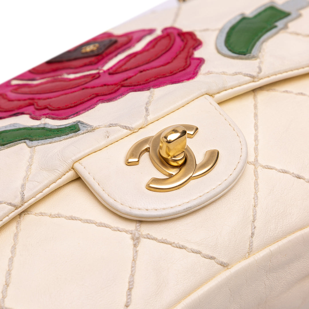 Medium Quilted Lambskin Rose Applique Wild Stitch Single Flap White - Gaby Paris