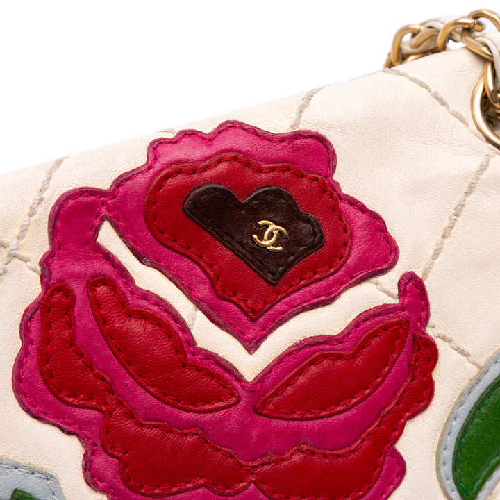 Medium Quilted Lambskin Rose Applique Wild Stitch Single Flap White - Gaby Paris
