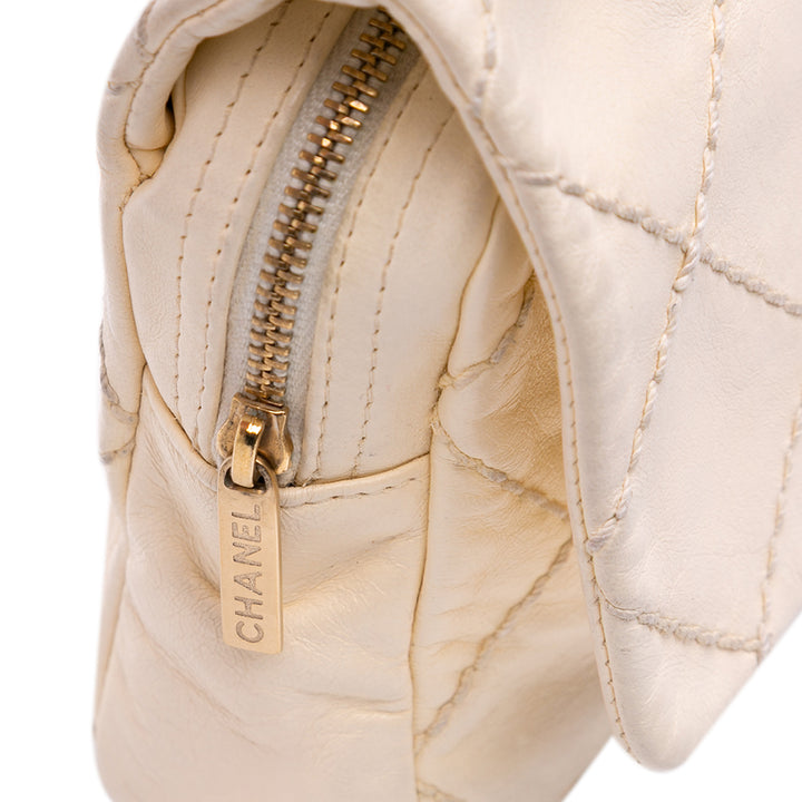Medium Quilted Lambskin Rose Applique Wild Stitch Single Flap White - Gaby Paris
