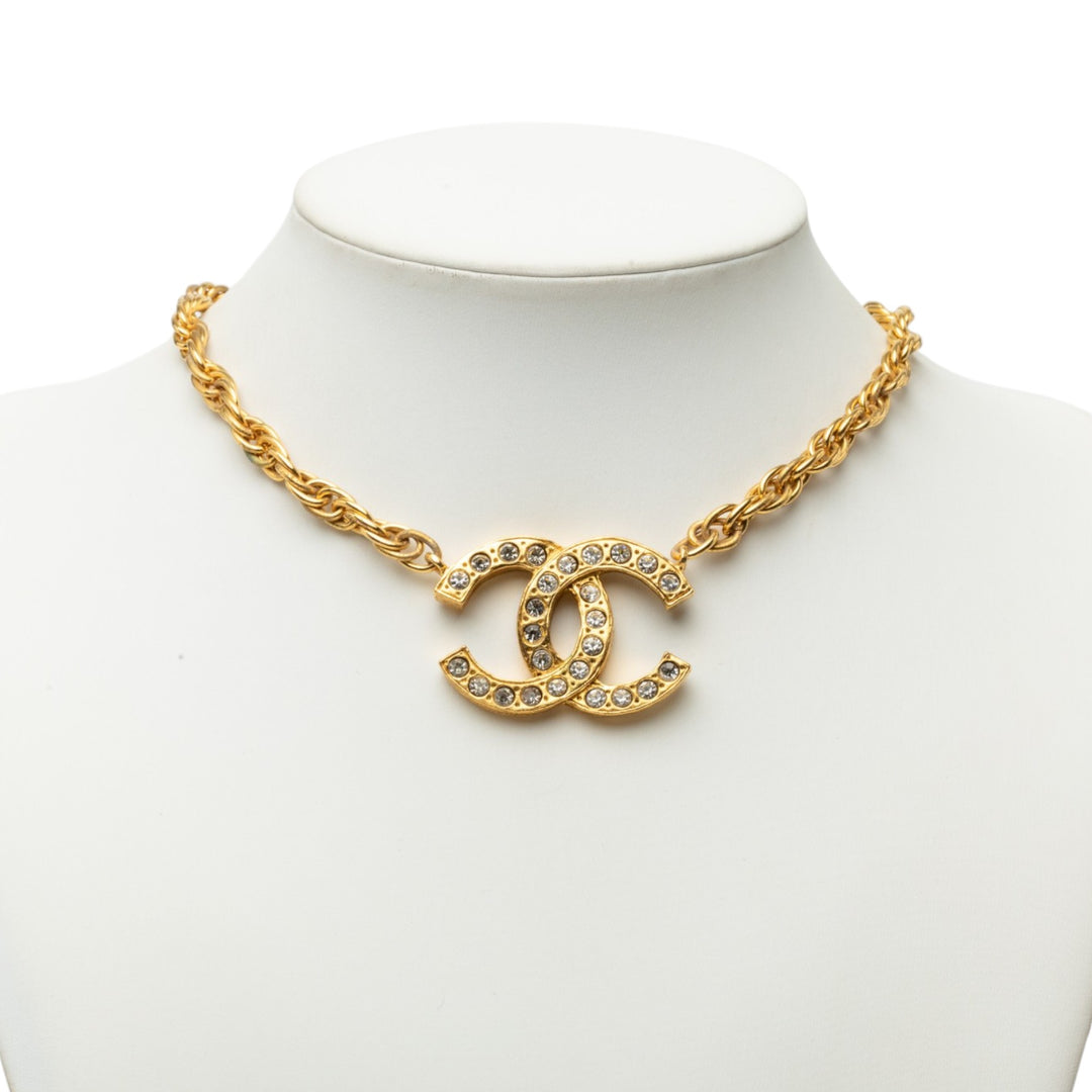 CC plaqué et Strass Pendant Collier Doré