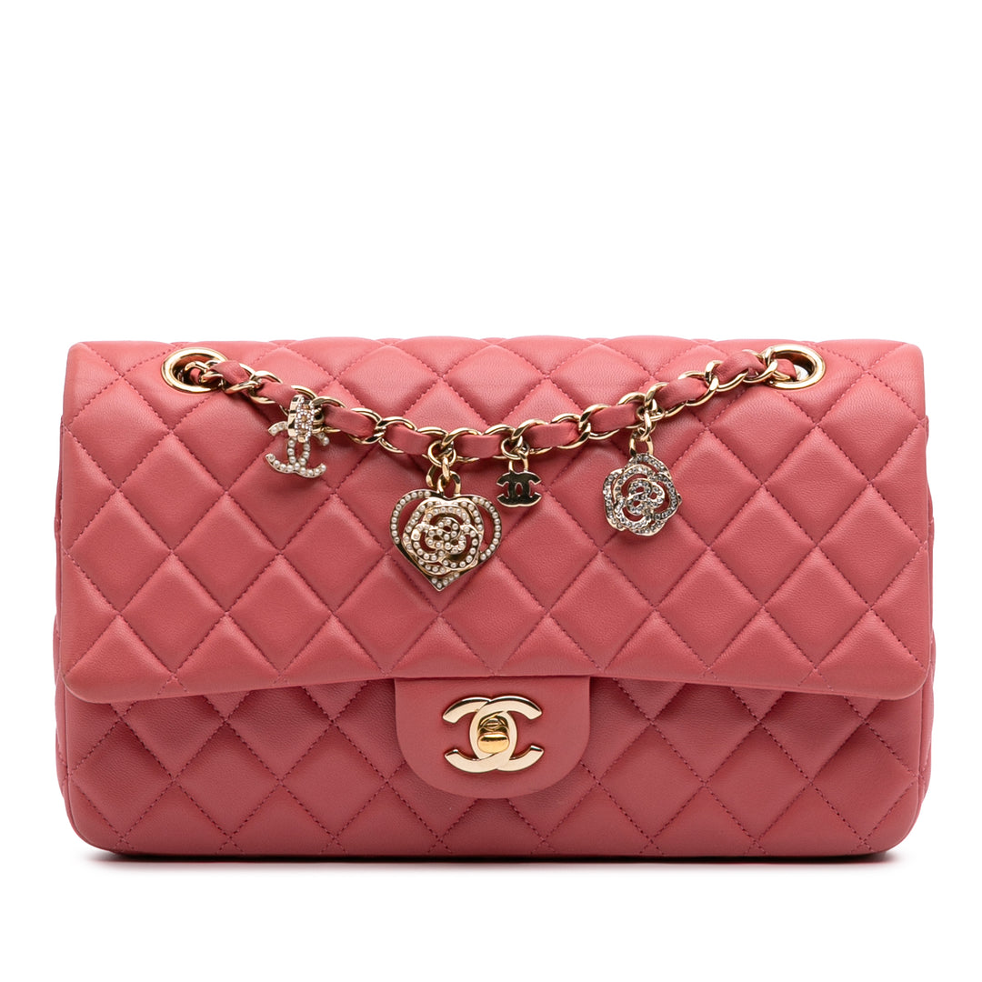 Medium Classic Lambskin Valentines Heart Charms Single Flap Pink - Gaby Paris