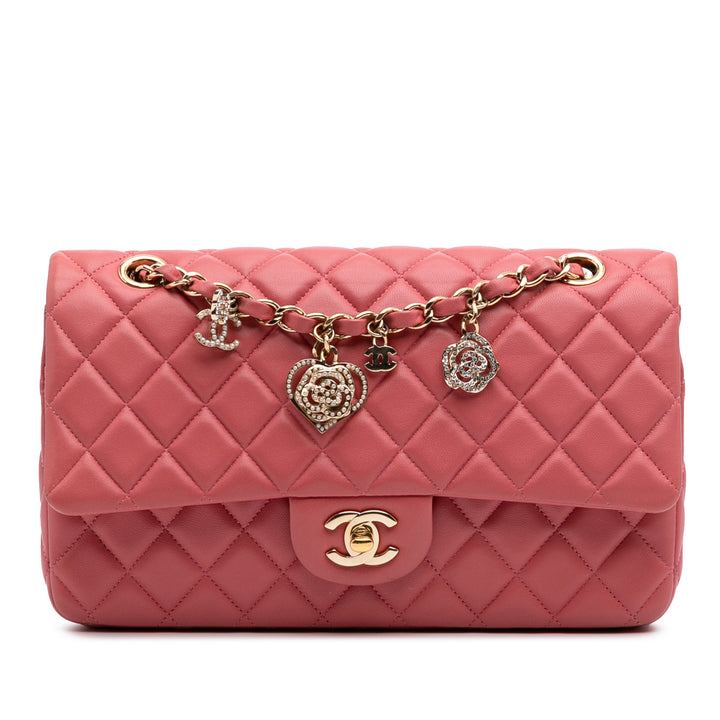 Medium Classic Lambskin Valentines Heart Charms Single Flap Pink - Gaby Paris