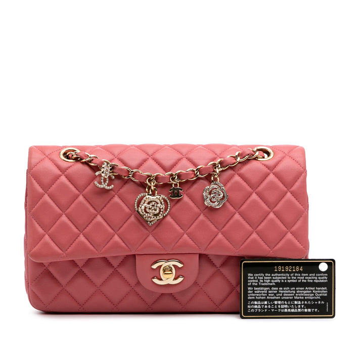 Medium Classic Lambskin Valentines Heart Charms Single Flap Pink - Gaby Paris