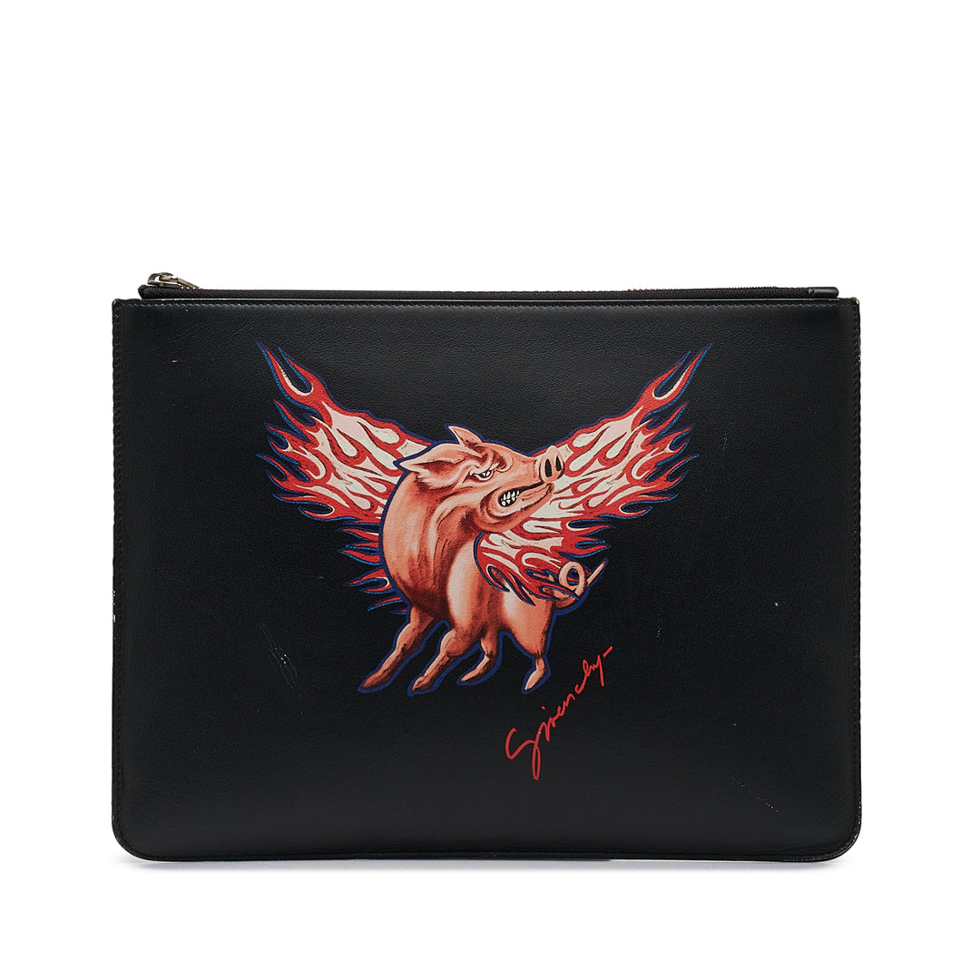 Zodiac Printed Leather Clutch Bag Black - Gaby Paris