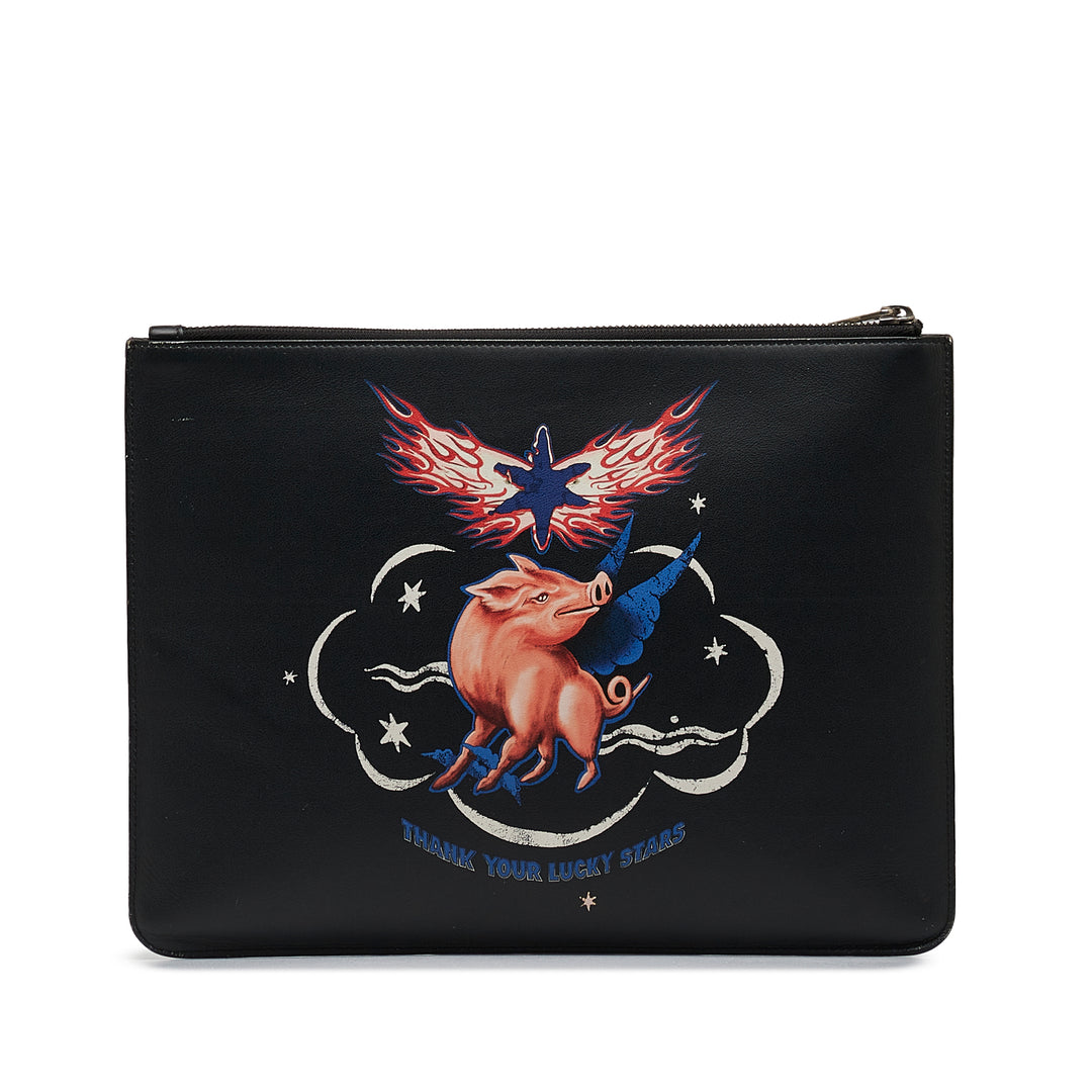 Zodiac Printed Leather Clutch Bag Black - Gaby Paris