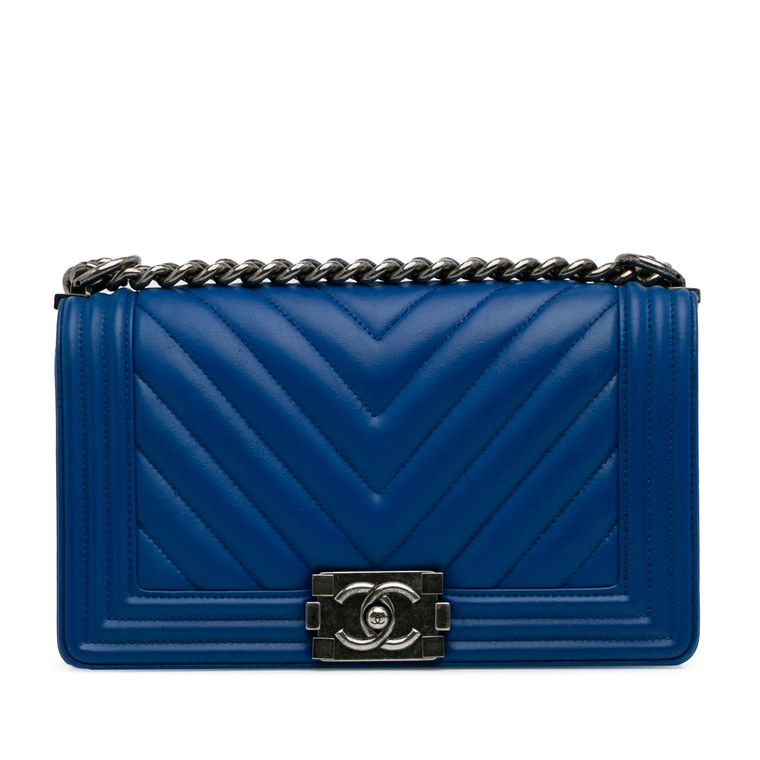 Medium Lambskin Chevron Boy Flap Blue - Gaby Paris