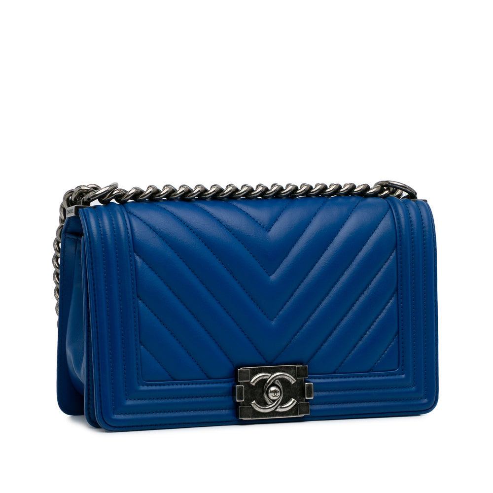 Medium Lambskin Chevron Boy Flap Blue - Gaby Paris