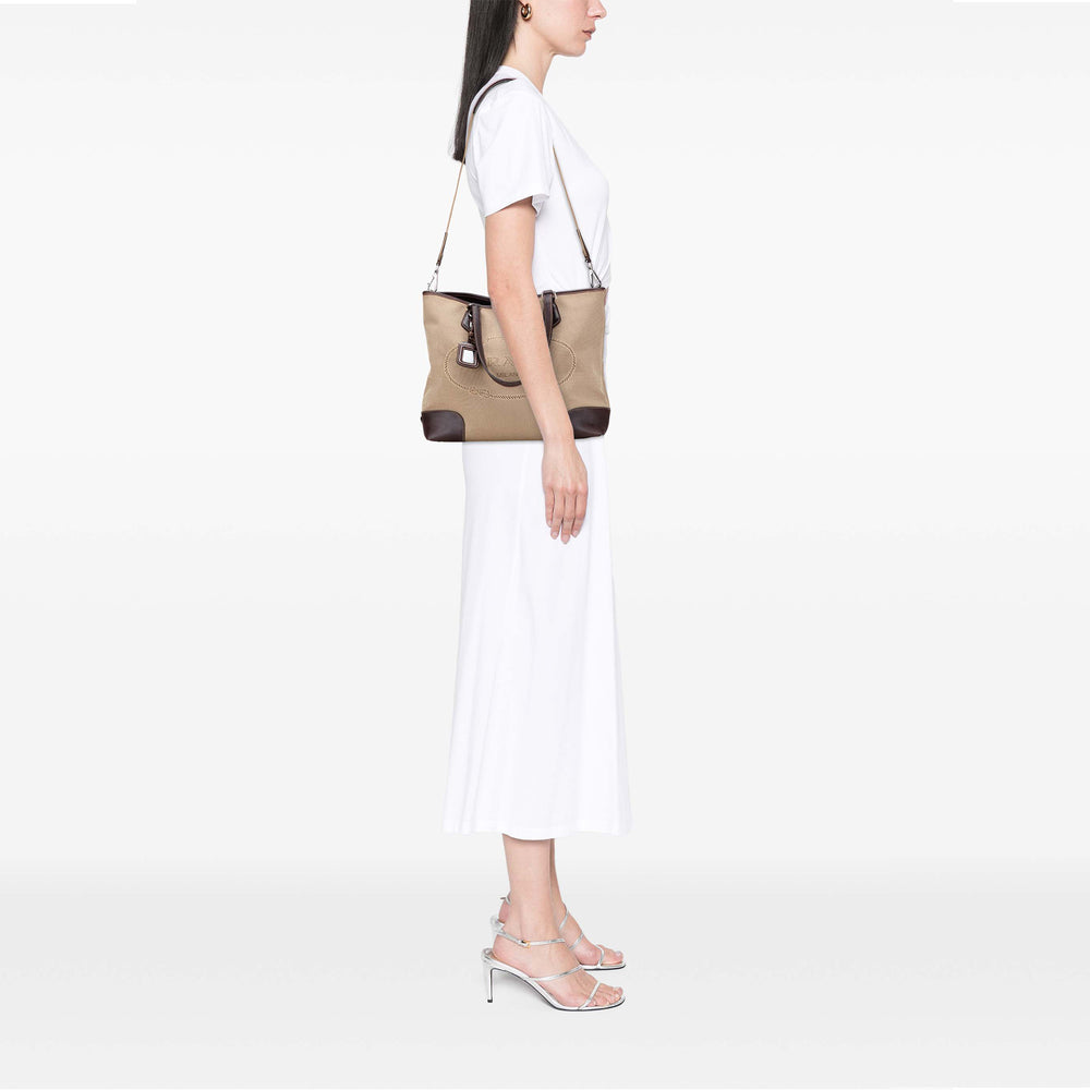 Leather Trimmed Canvas Canapa Logo Satchel Brown - Gaby Paris