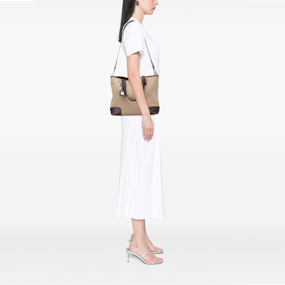 Leather Trimmed Canvas Canapa Logo Satchel Brown - Gaby Paris