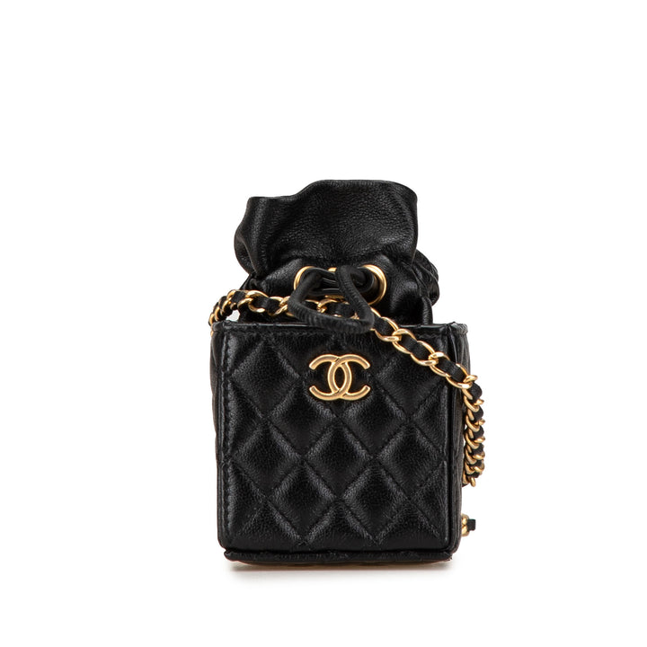 Mini Quilted Calfskin Drawstring Bucket Bag Black - Gaby Paris