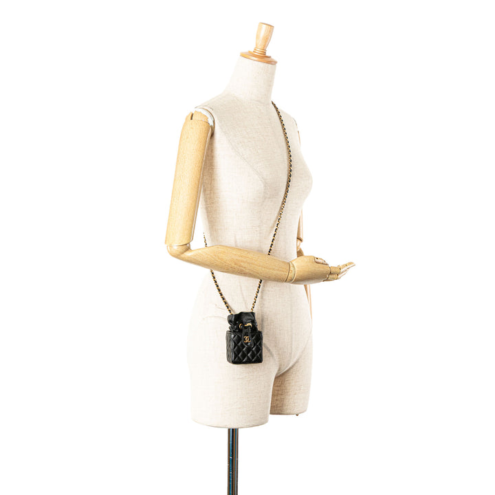 Mini Quilted Calfskin Drawstring Bucket Bag Black - Gaby Paris
