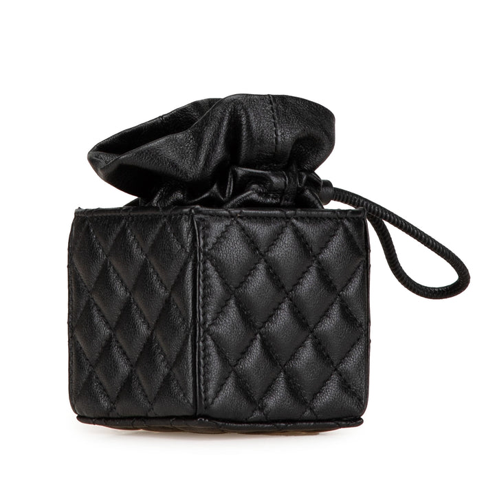 Mini Quilted Calfskin Drawstring Bucket Bag Black - Gaby Paris