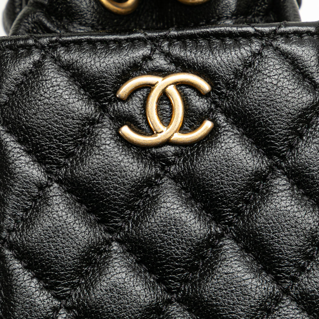 Mini Quilted Calfskin Drawstring Bucket Bag Black - Gaby Paris