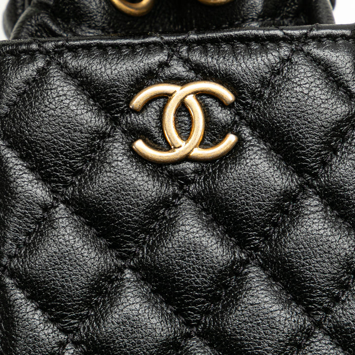 Mini Quilted Calfskin Drawstring Bucket Bag Black - Gaby Paris