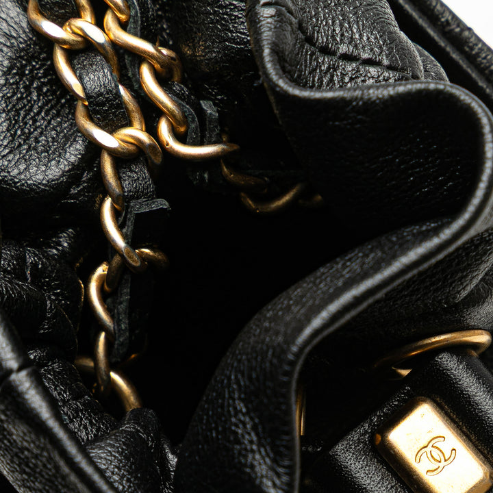 Mini Quilted Calfskin Drawstring Bucket Bag Black - Gaby Paris