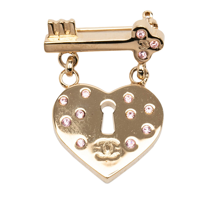 Chanel CC plaqué Strass Heart Lock et Key Broche Métal
