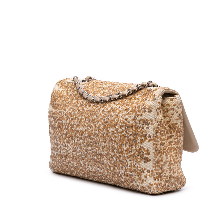 Jumbo Raffia Sequin Single Flap Brown - Gaby Paris