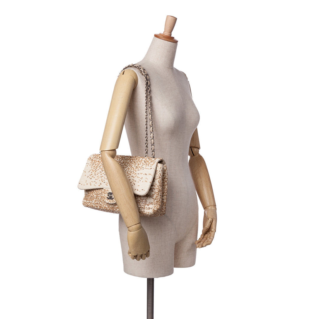 Jumbo Raffia Sequin Single Flap Brown - Gaby Paris