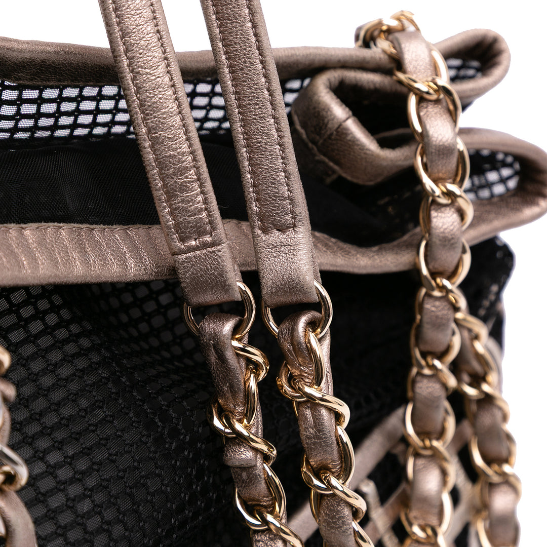 CC Mesh and Metallic Calfskin Bucket Bag Black - Gaby Paris