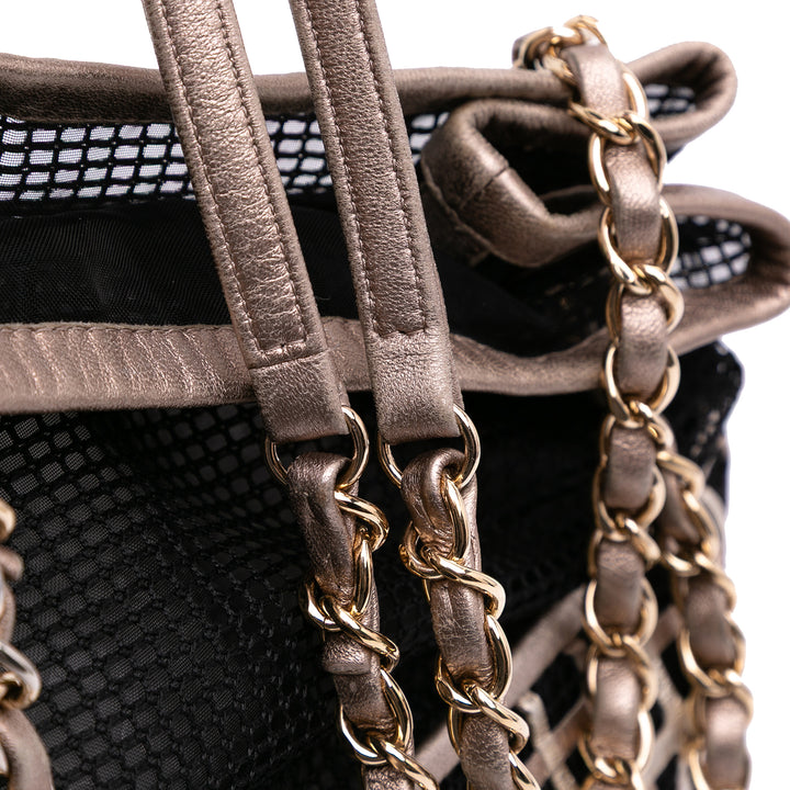 CC Mesh and Metallic Calfskin Bucket Bag Black - Gaby Paris