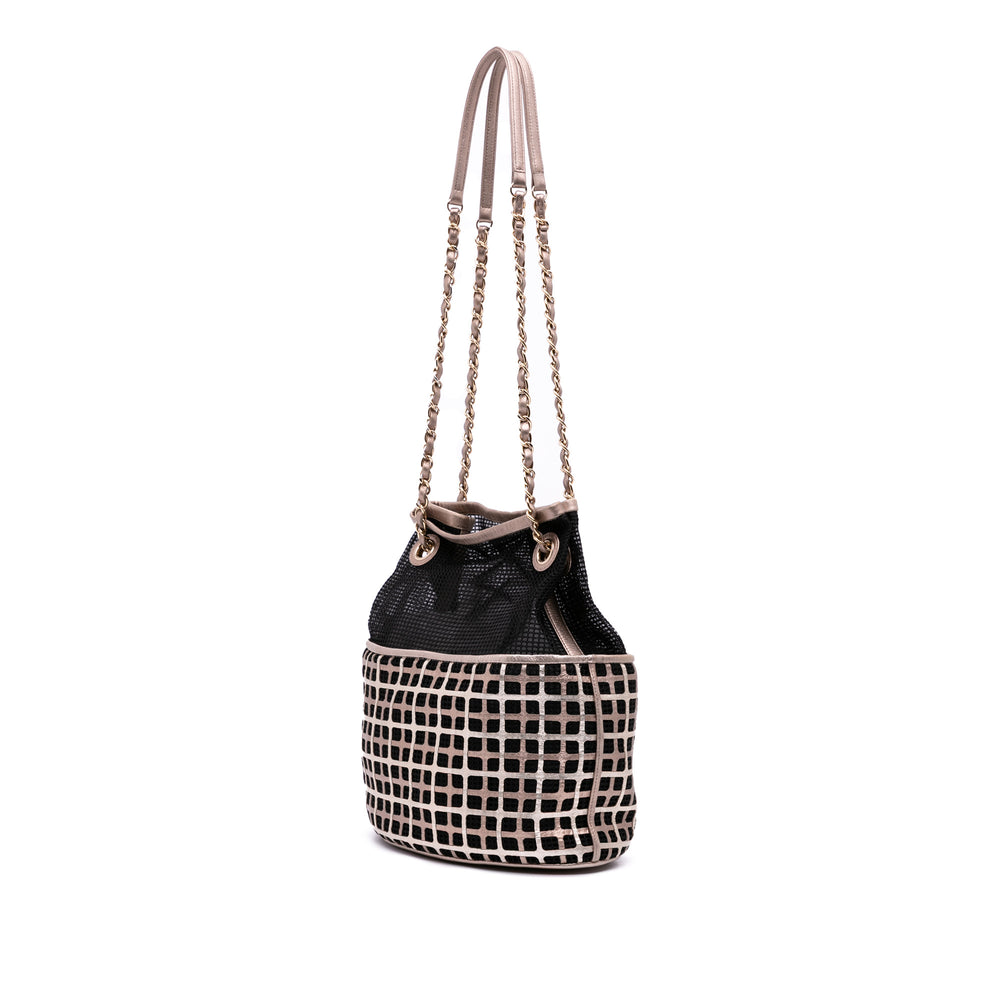 CC Mesh and Metallic Calfskin Bucket Bag Black - Gaby Paris