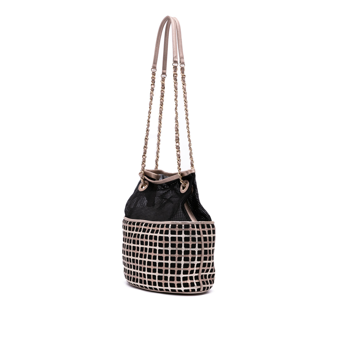CC Mesh and Metallic Calfskin Bucket Bag Black - Gaby Paris