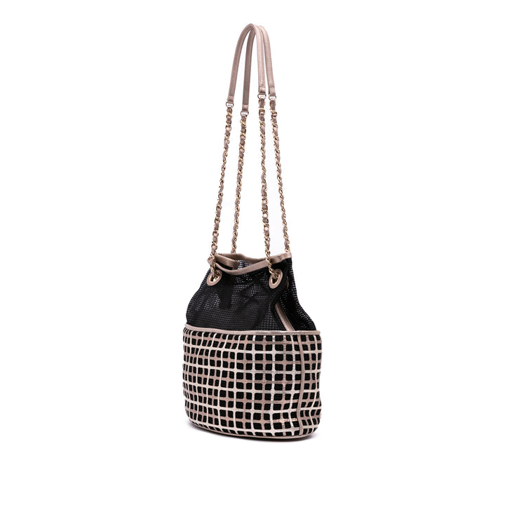 CC Mesh and Metallic Calfskin Bucket Bag Black - Gaby Paris