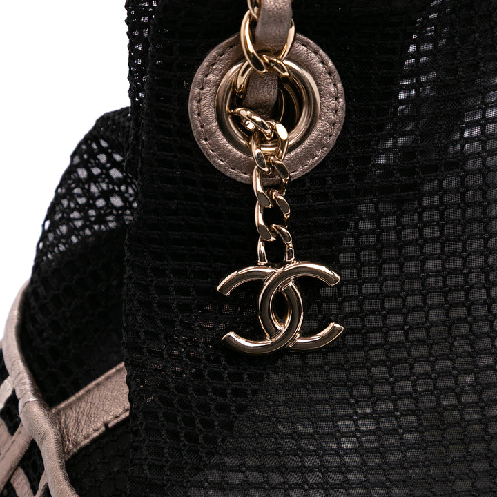 CC Mesh and Metallic Calfskin Bucket Bag Black - Gaby Paris