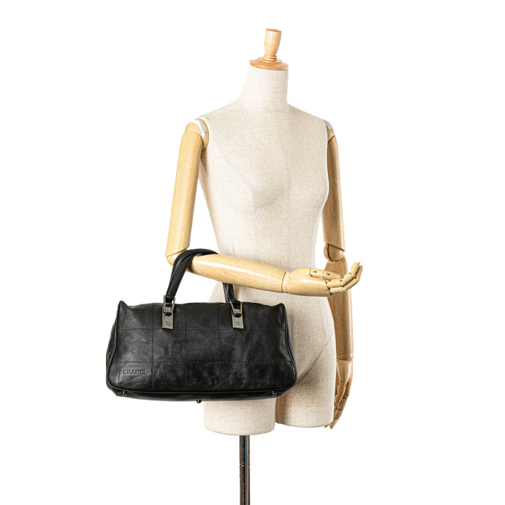 Lambskin Square Stitch Handbag Black - Gaby Paris
