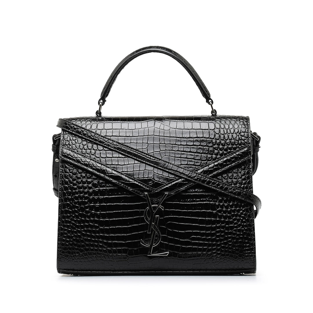 Saint Laurent Medium Crocodile Embossed Cassandra Top Handle Bag Black - GABY PARIS