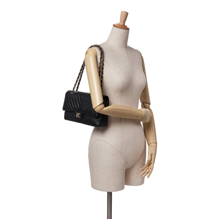 Medium Classic Chevron Caviar Double Flap Black - Gaby Paris