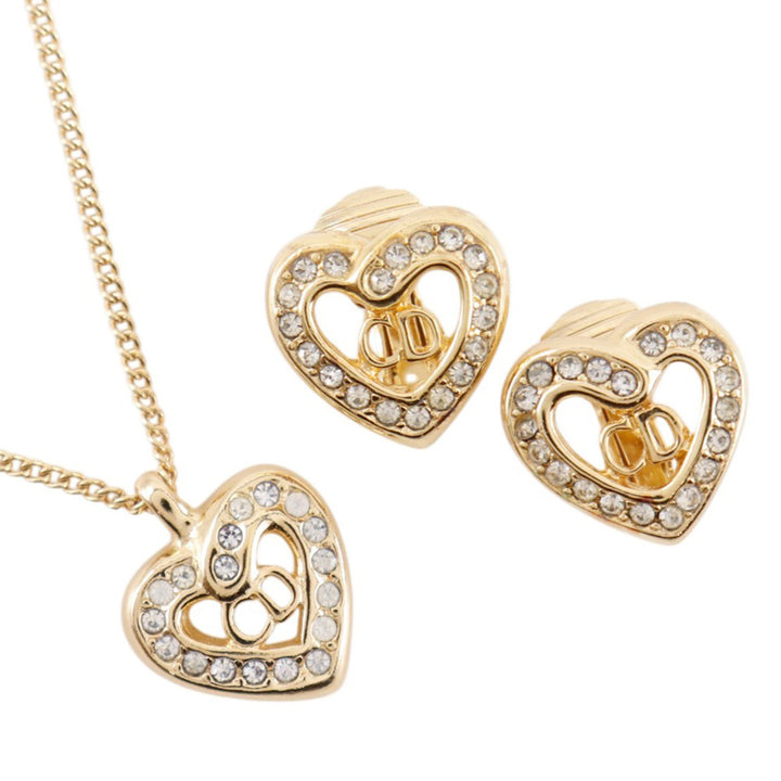 Dior plaqué Strass CD Logo Heart Pendant Collier et Clip On Boucles d’oreilles Set