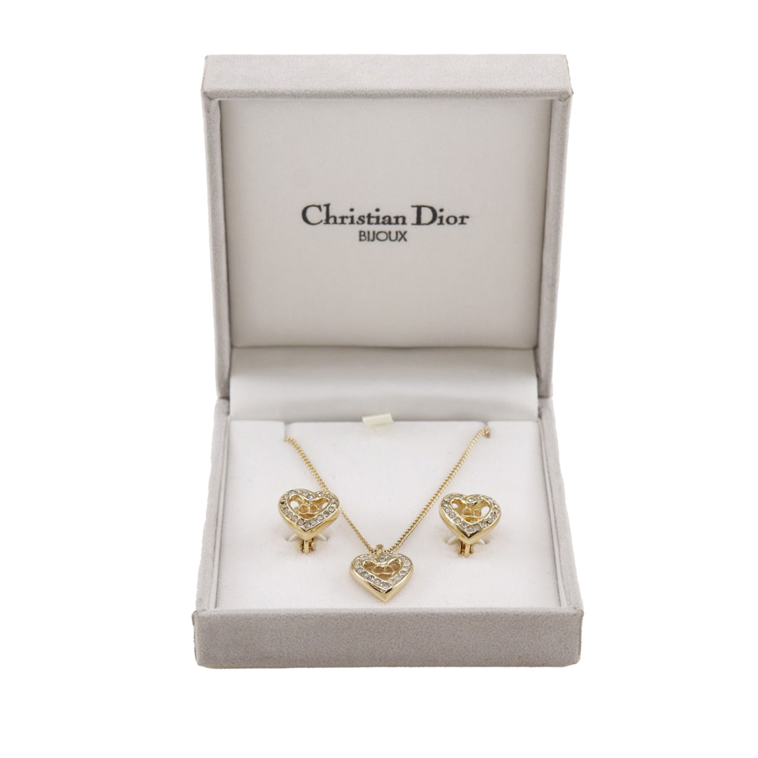 Dior plaqué Strass CD Logo Heart Pendant Collier et Clip On Boucles d’oreilles Set